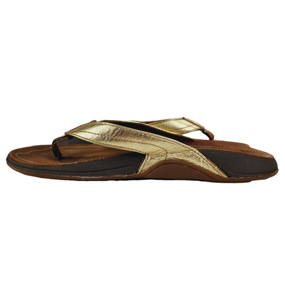 OluKai Womens Flip Flop Sandal sz 5 35 Kumu Gold Brown Leather‎ Rubber Hawaiian - Picture 4 of 10
